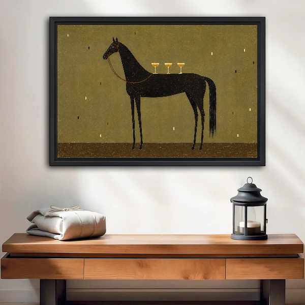 Cocktail Horse Canvas Wall Art framed above a wood console with linen and a lantern.