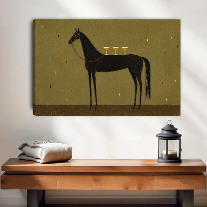Cocktail Horse Canvas Wall Art unframed above a wood console with linen and a lantern.