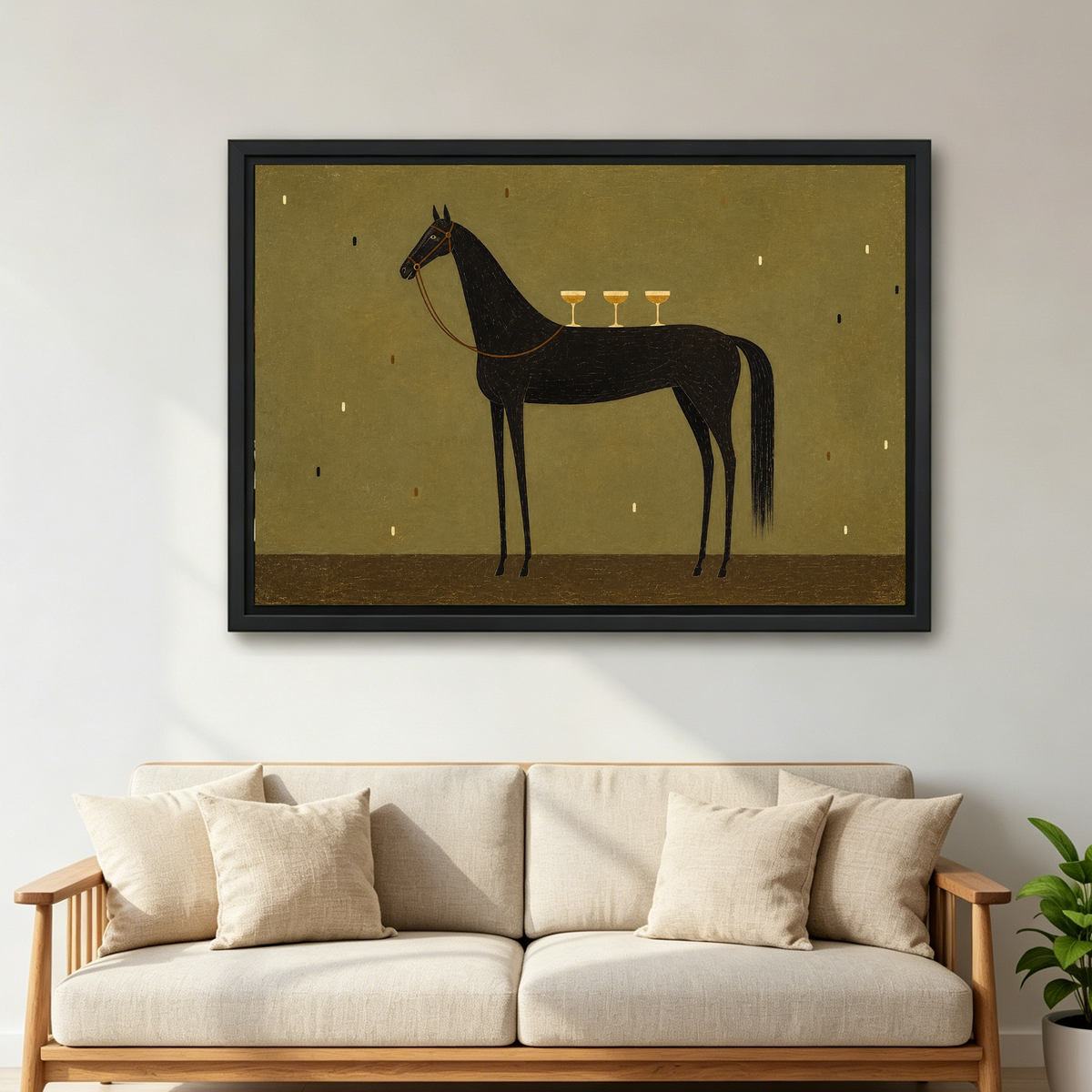 Cocktail Horse Canvas Wall Art framed above a cream sofa with wooden arms.