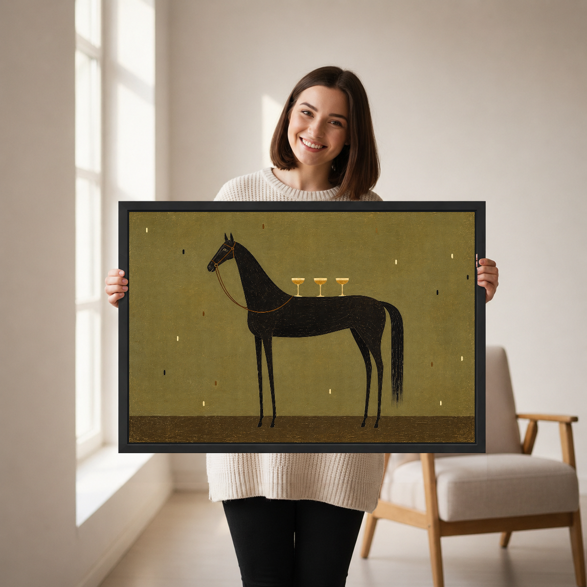 Cocktail Horse Canvas Wall Art held in a black landscape frame by a standing woman.