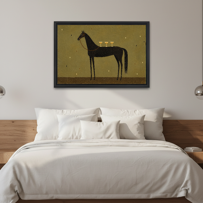 Cocktail Horse Canvas Wall Art framed above white bedding and a warm wood headboard.