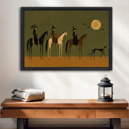 Witch Horse Parade Canvas Wall Art framed above a wood console with linen and a lantern.
