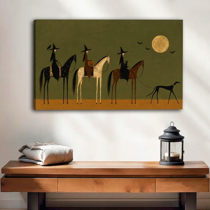 Witch Horse Parade Canvas Wall Art unframed above a wood console with linen and a lantern.