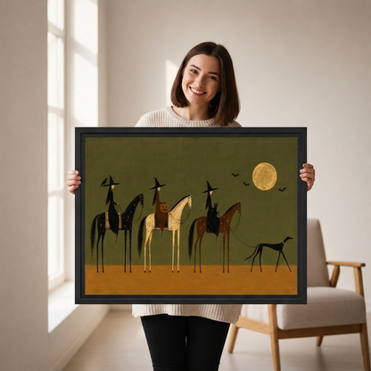 Witch Horse Parade Canvas Wall Art held in a black landscape frame by a standing woman.
