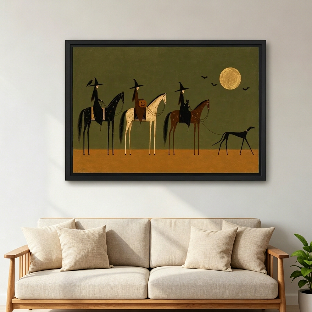 Witch Horse Parade Canvas Wall Art framed above a cream sofa with wooden arms.