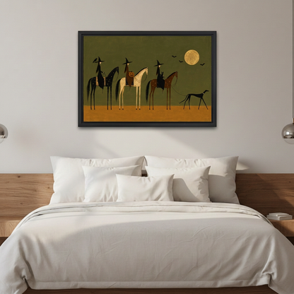 Witch Horse Parade Canvas Wall Art framed above white bedding and a warm wood headboard.