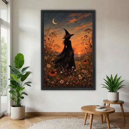 Sunset Witch Canvas Wall Art framed above a wood table with green plants.