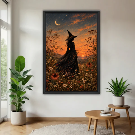 Sunset Witch Canvas Wall Art framed above a wood table with green plants.