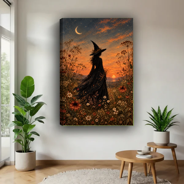 Sunset Witch Canvas Wall Art unframed above a wood table with green plants.