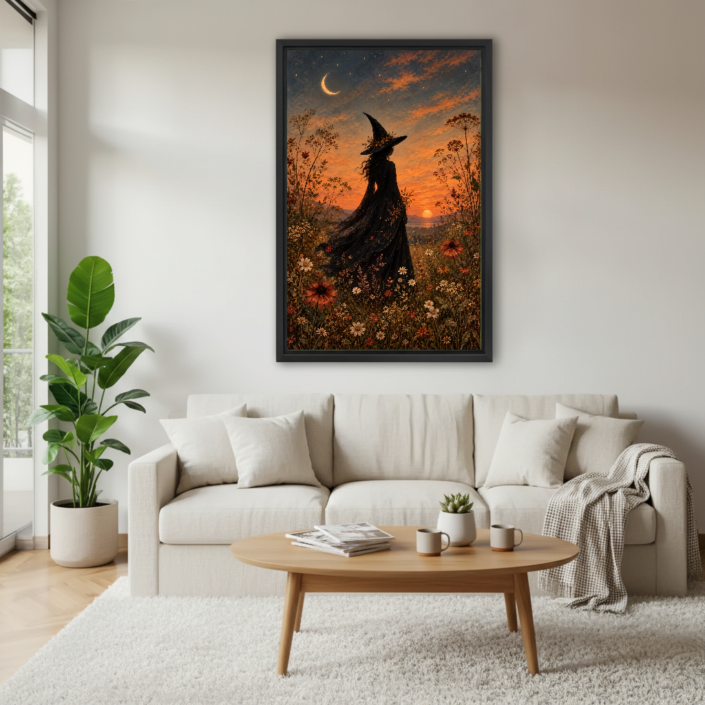 Sunset Witch Canvas Wall Art framed above a white sofa and round coffee table.