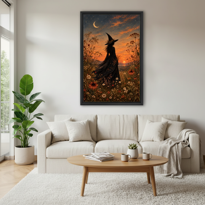 Sunset Witch Canvas Wall Art framed above a white sofa and round coffee table.