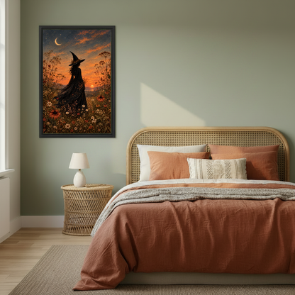 Sunset Witch Canvas Wall Art framed above copper bedding against a muted olive wall.