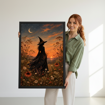 Sunset Witch Canvas Wall Art held in a black frame by a woman wearing green.