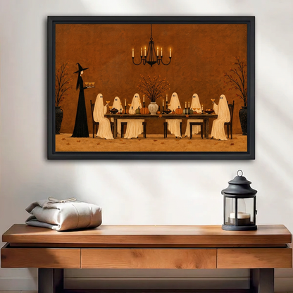 Ghost Dinner Canvas Wall Art framed above a wood console with linen and a lantern.