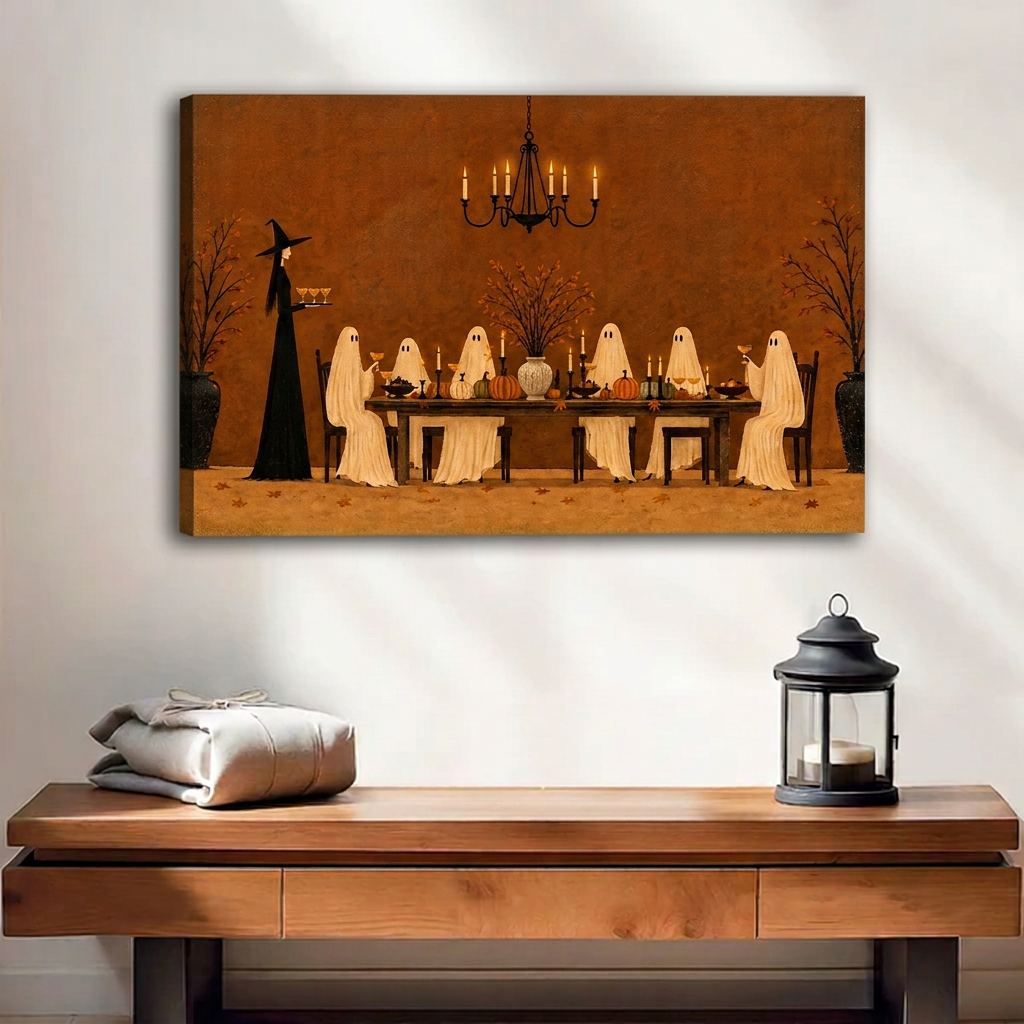 Ghost Dinner Canvas Wall Art unframed above a wood console with linen and a lantern.