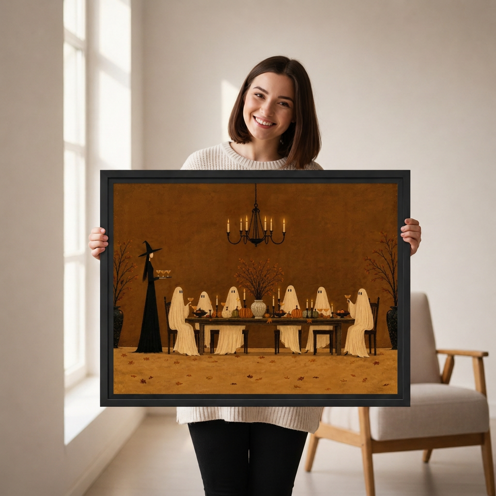 Ghost Dinner Canvas Wall Art held in a black landscape frame by a standing woman.