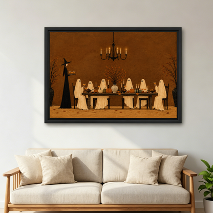 Ghost Dinner Canvas Wall Art held in a black landscape frame by a standing woman.