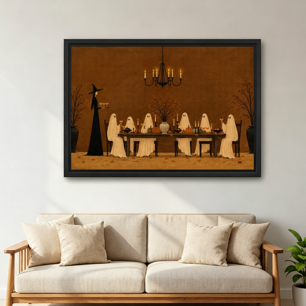 Ghost Dinner Canvas Wall Art framed above a cream sofa with wooden arms.