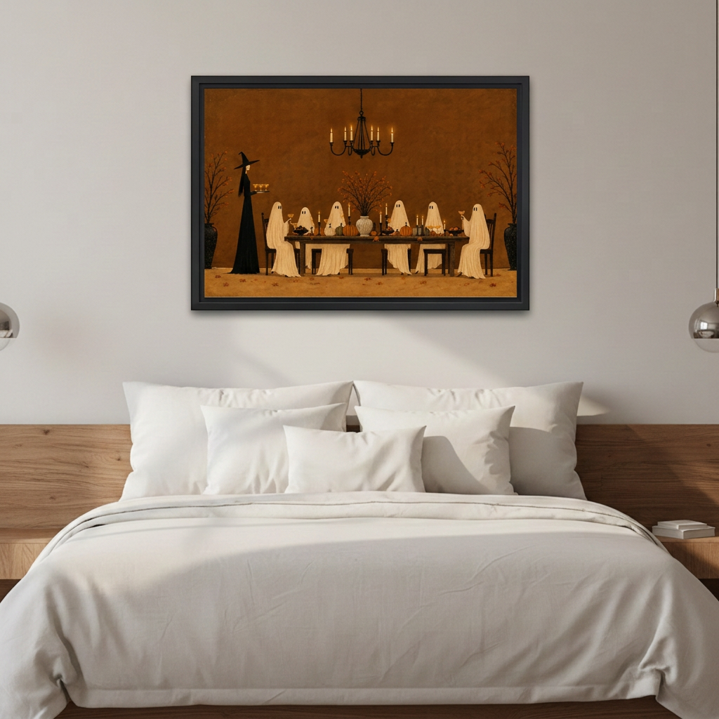 Ghost Dinner Canvas Wall Art framed above white bedding and a warm wood headboard.