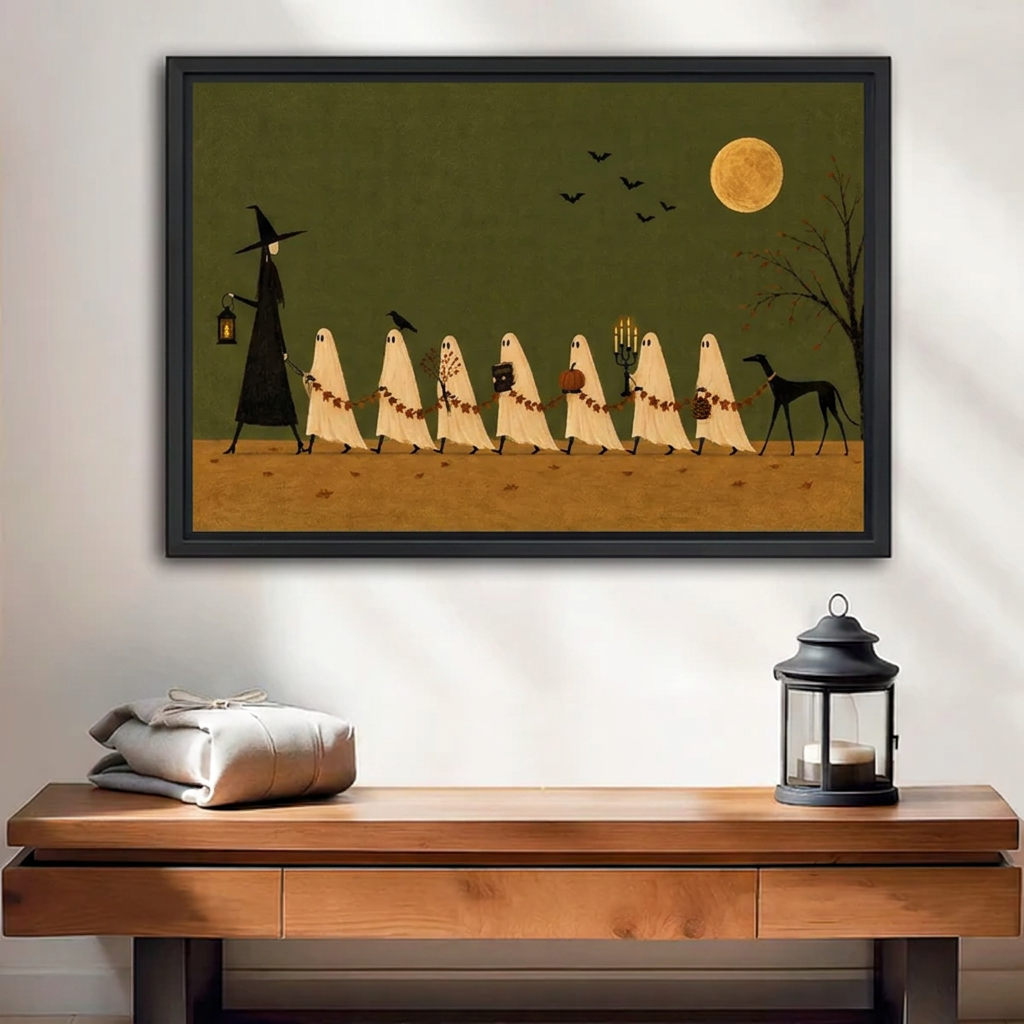 Ghost Parade Canvas Wall Art framed above a wood console with linen and a lantern.