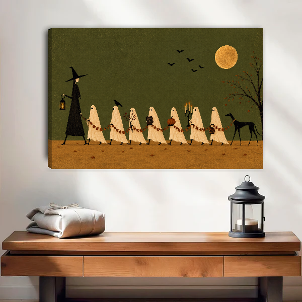 Ghost Parade Canvas Wall Art unframed above a wood console with linen and a lantern.