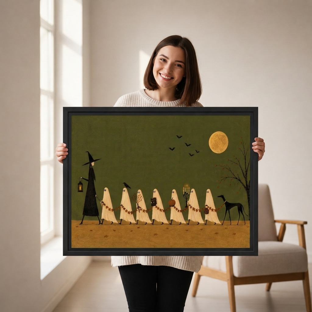 Ghost Parade Canvas Wall Art held in a black landscape frame by a standing woman.