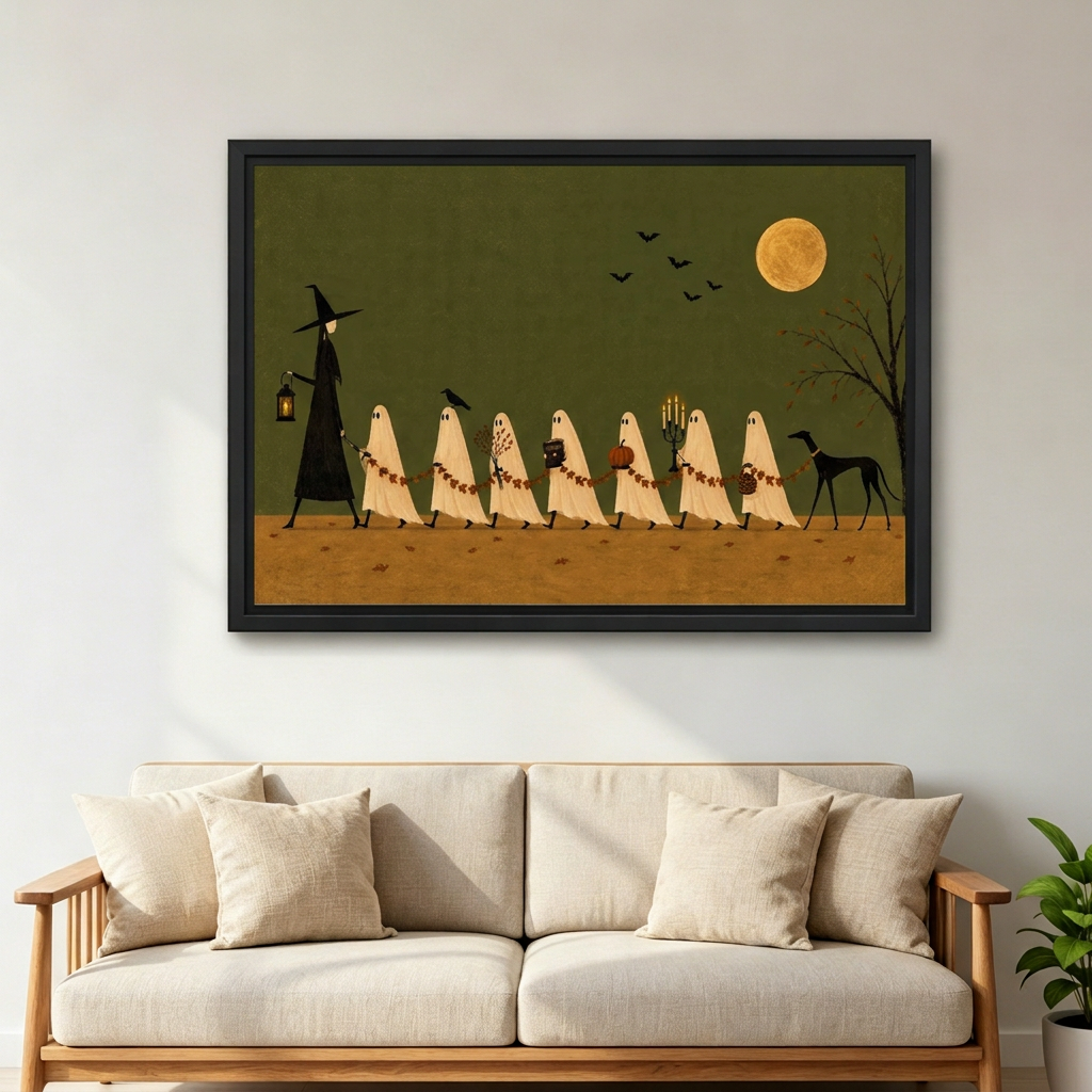 Ghost Parade Canvas Wall Art framed above a cream sofa with wooden arms.