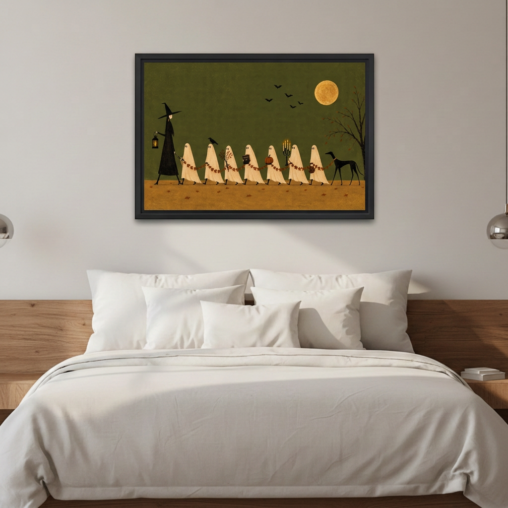 Ghost Parade Canvas Wall Art framed above white bedding and a warm wood headboard.