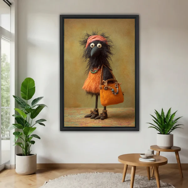 Stylish Bird Canvas Wall Art framed above a wood table with green plants.