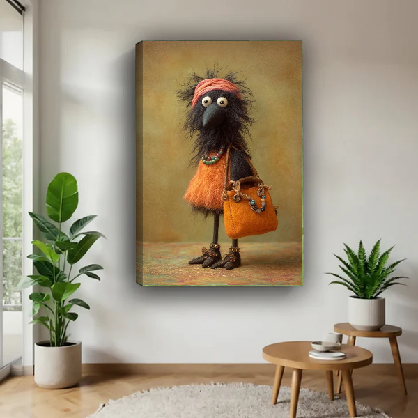 Stylish Bird Canvas Wall Art unframed above a wood table with green plants.