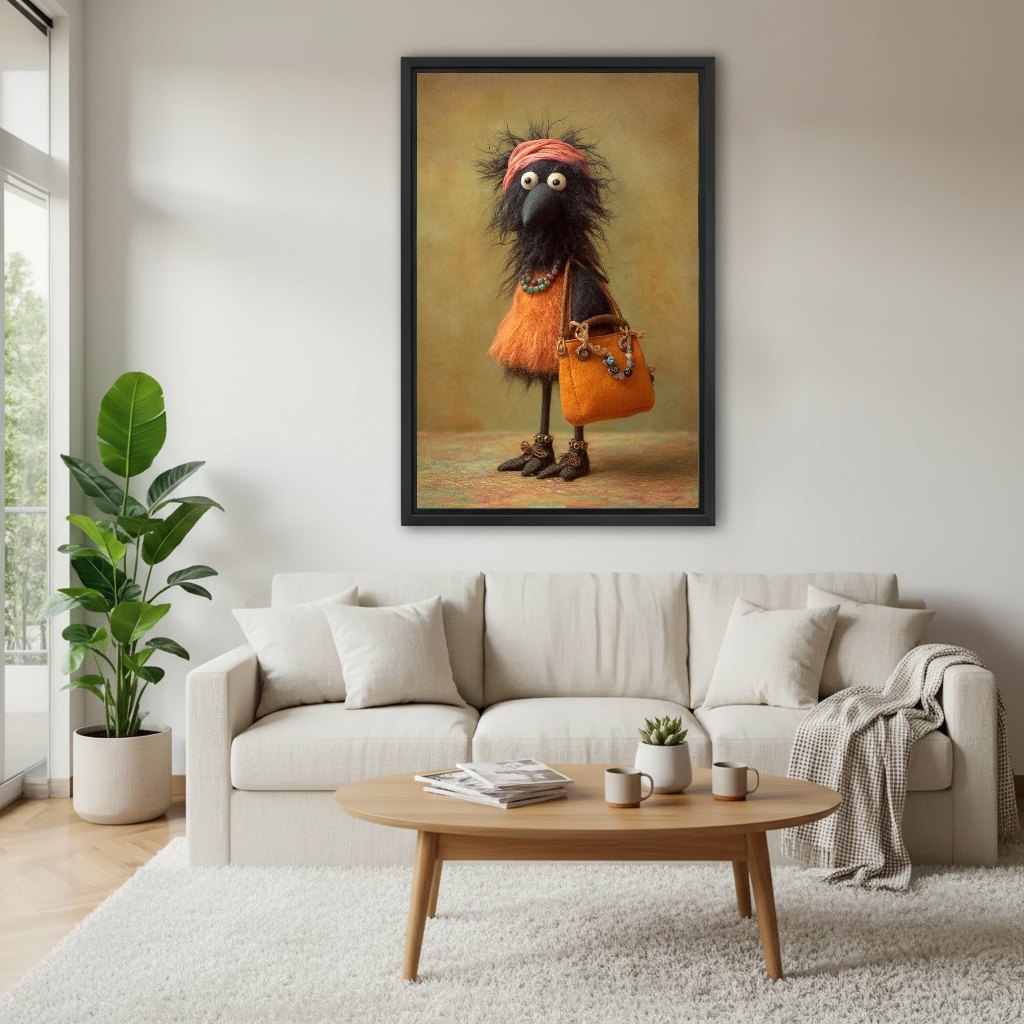 Stylish Bird Canvas Wall Art framed above a white sofa and round coffee table.
