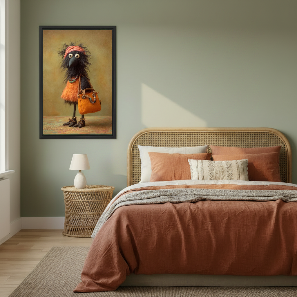 Stylish Bird Canvas Wall Art framed above copper bedding against a muted olive wall.