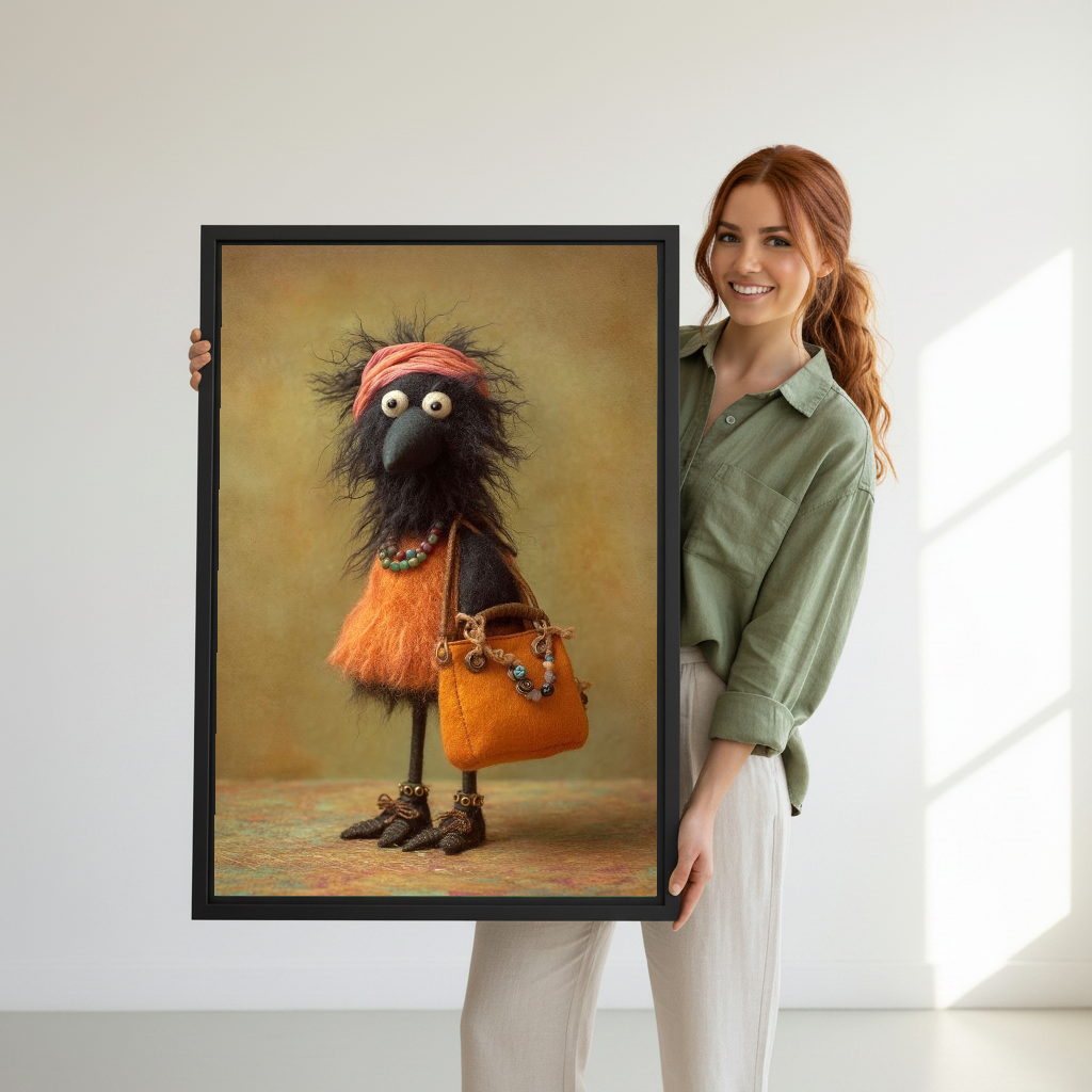 Stylish Bird Canvas Wall Art held in a black frame by a woman wearing green.
