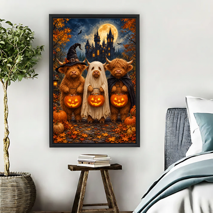 Halloween Cows Canvas Wall Art framed beside blue bedding, a leafy plant, and books.