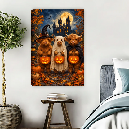 Halloween Cows Canvas Wall Art unframed beside blue bedding and a leafy plant.