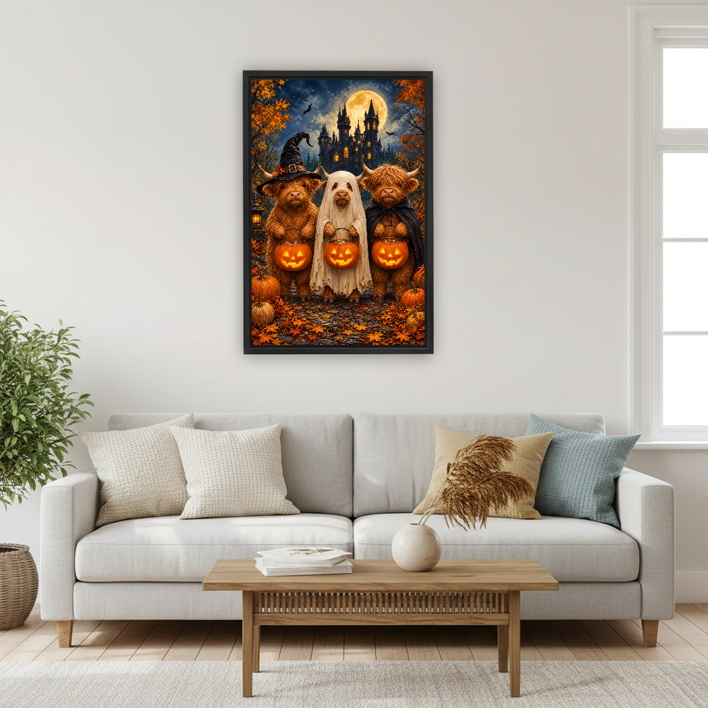 Halloween Cows Canvas Wall Art framed above a pale gray sofa and wood table.