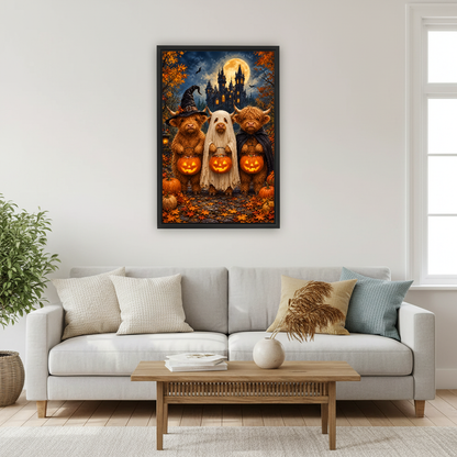 Halloween Cows Canvas Wall Art framed above a pale gray sofa and wood table.