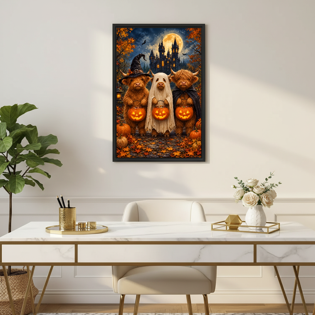 Halloween Cows Canvas Wall Art framed above a white desk with flowers and a chair.