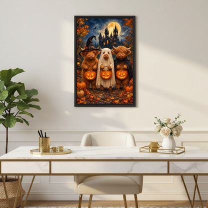 Halloween Cows Canvas Wall Art framed above a white desk with flowers and a chair.