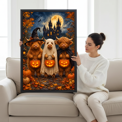 Halloween Cows Canvas Wall Art held by a seated woman on a pale sofa.