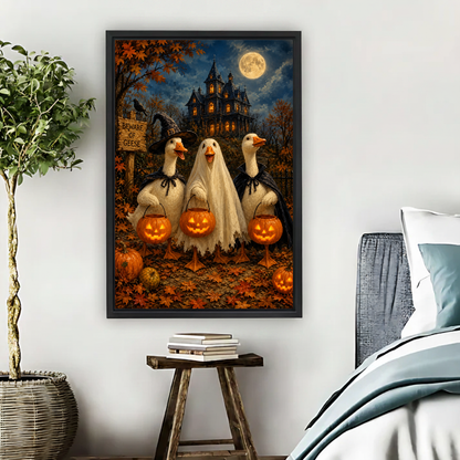 Halloween Geese Canvas Wall Art framed beside blue bedding, a leafy plant, and books.