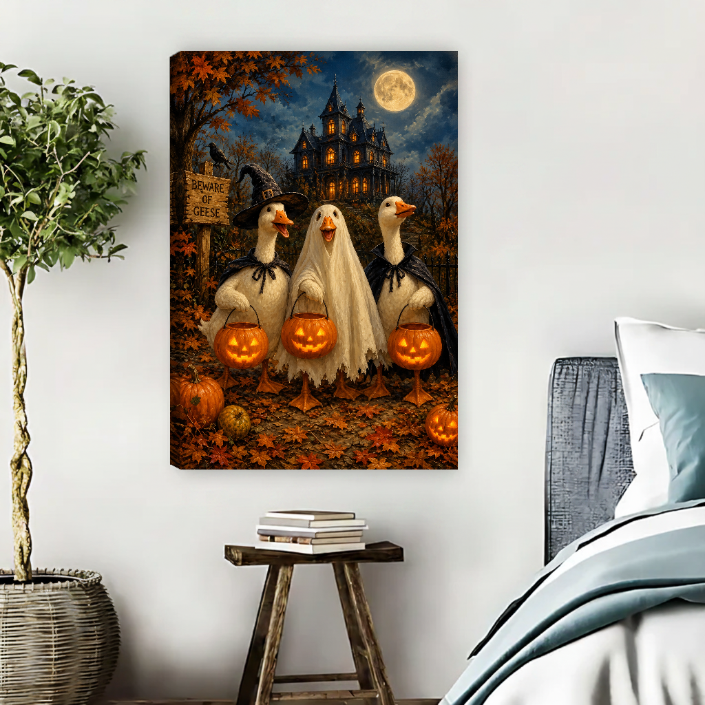 Halloween Geese Canvas Wall Art unframed beside blue bedding and a leafy plant.