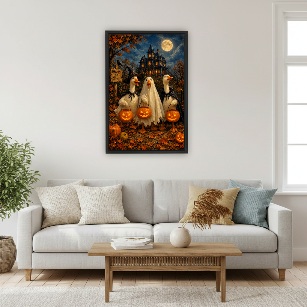 Halloween Geese Canvas Wall Art framed above a pale gray sofa and wood table.