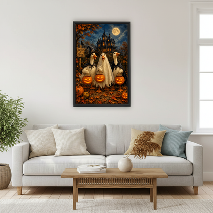 Halloween Geese Canvas Wall Art framed above a pale gray sofa and wood table.