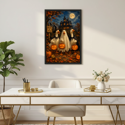 Halloween Geese Canvas Wall Art framed above a white desk with flowers and a chair.