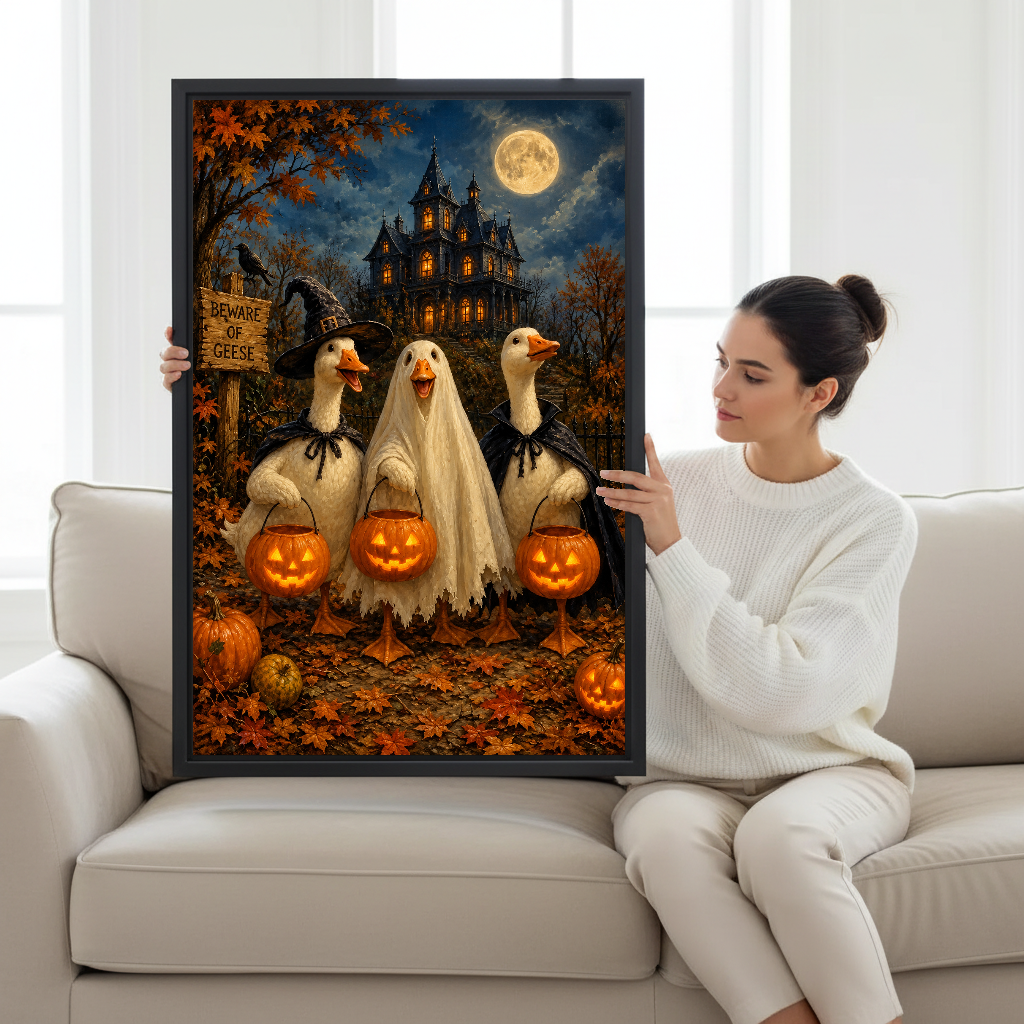 Halloween Geese Canvas Wall Art held by a seated woman on a pale sofa.