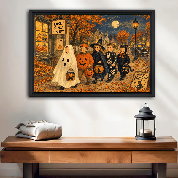Trick Treat Canvas Wall Art framed above a wood console with linen and a lantern.