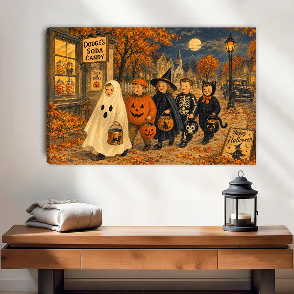 Trick Treat Canvas Wall Art unframed above a wood console with linen and a lantern.