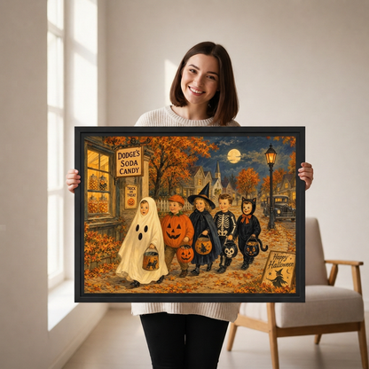 Trick Treat Canvas Wall Art held in a black landscape frame by a standing woman.
