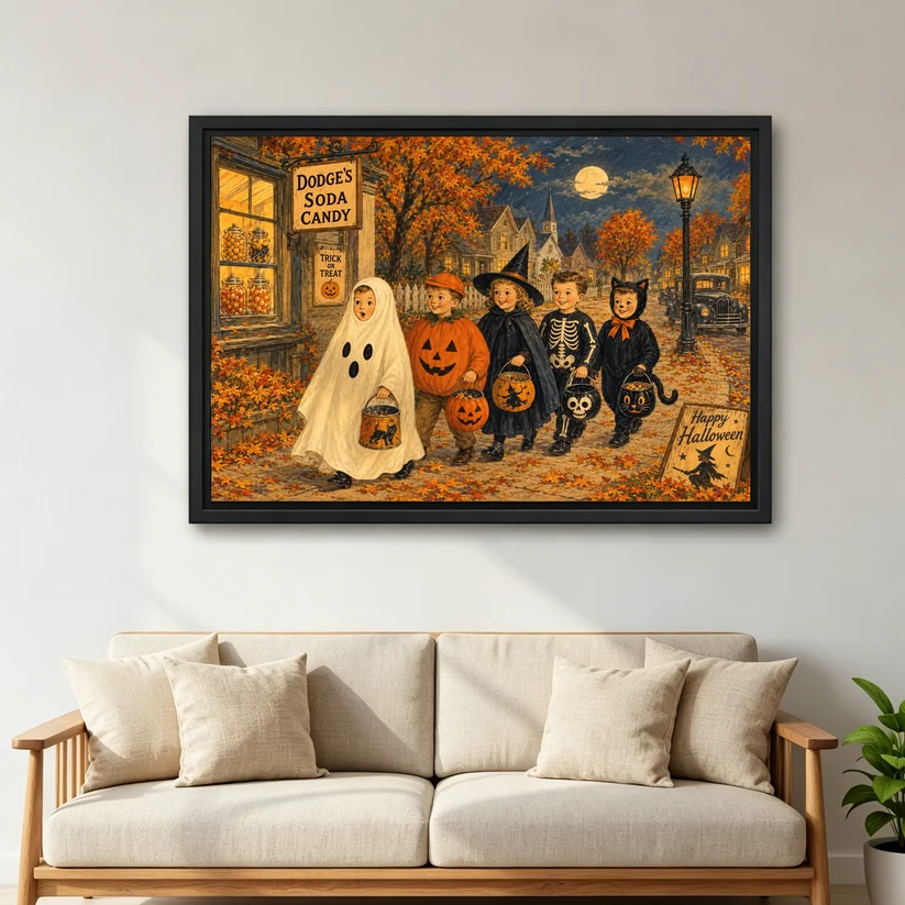 Trick Treat Canvas Wall Art framed above a cream sofa with wooden arms.
